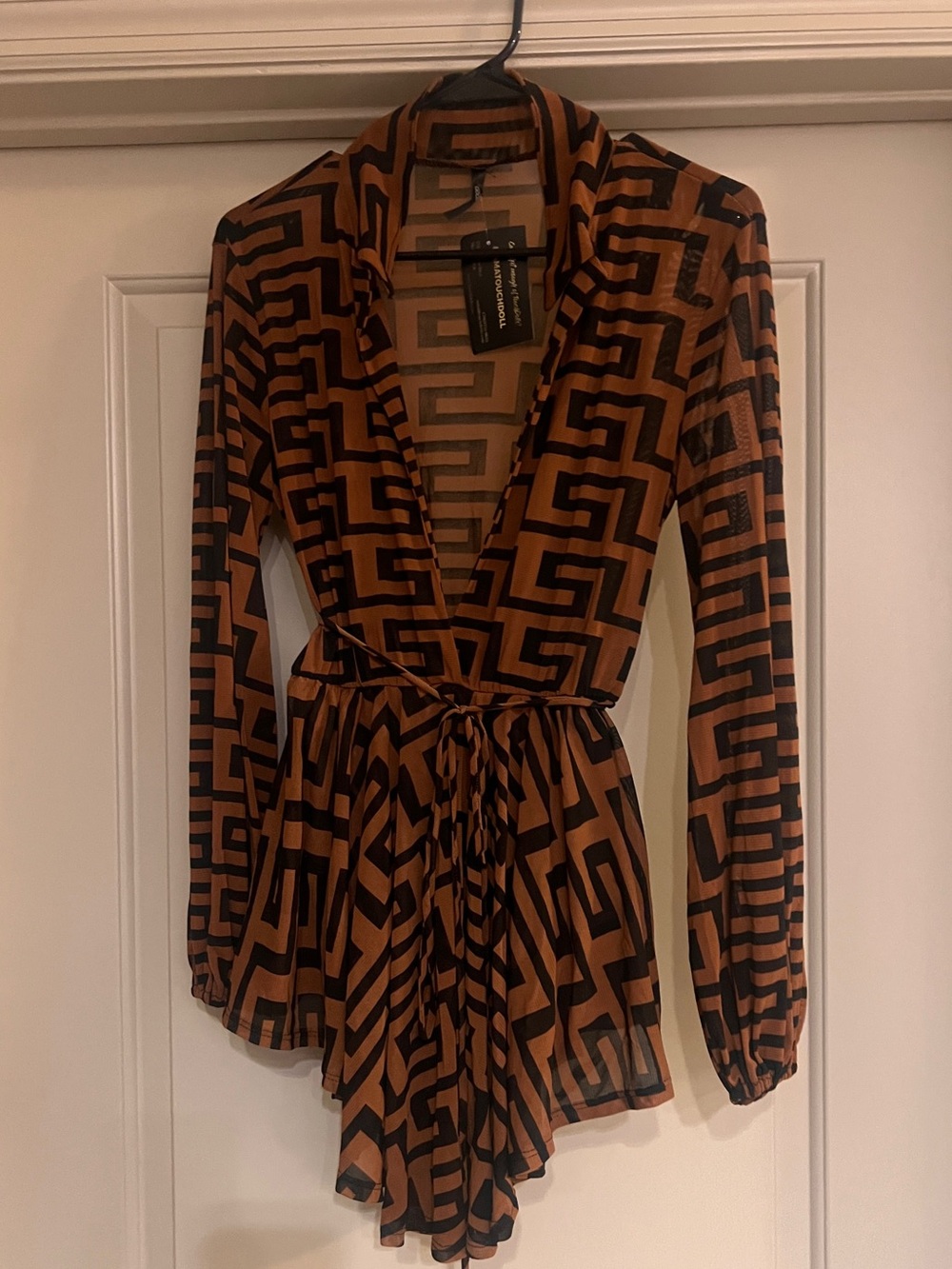 Long Sleeve Brown Geometric Wrap Romper Dress with Tie Waist